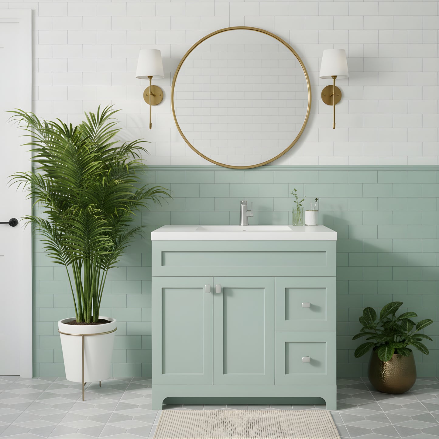 Daisy 36" Freestanding Cultured Marble Top Bathroom Vanity with Modern Shaker Doors - Sage