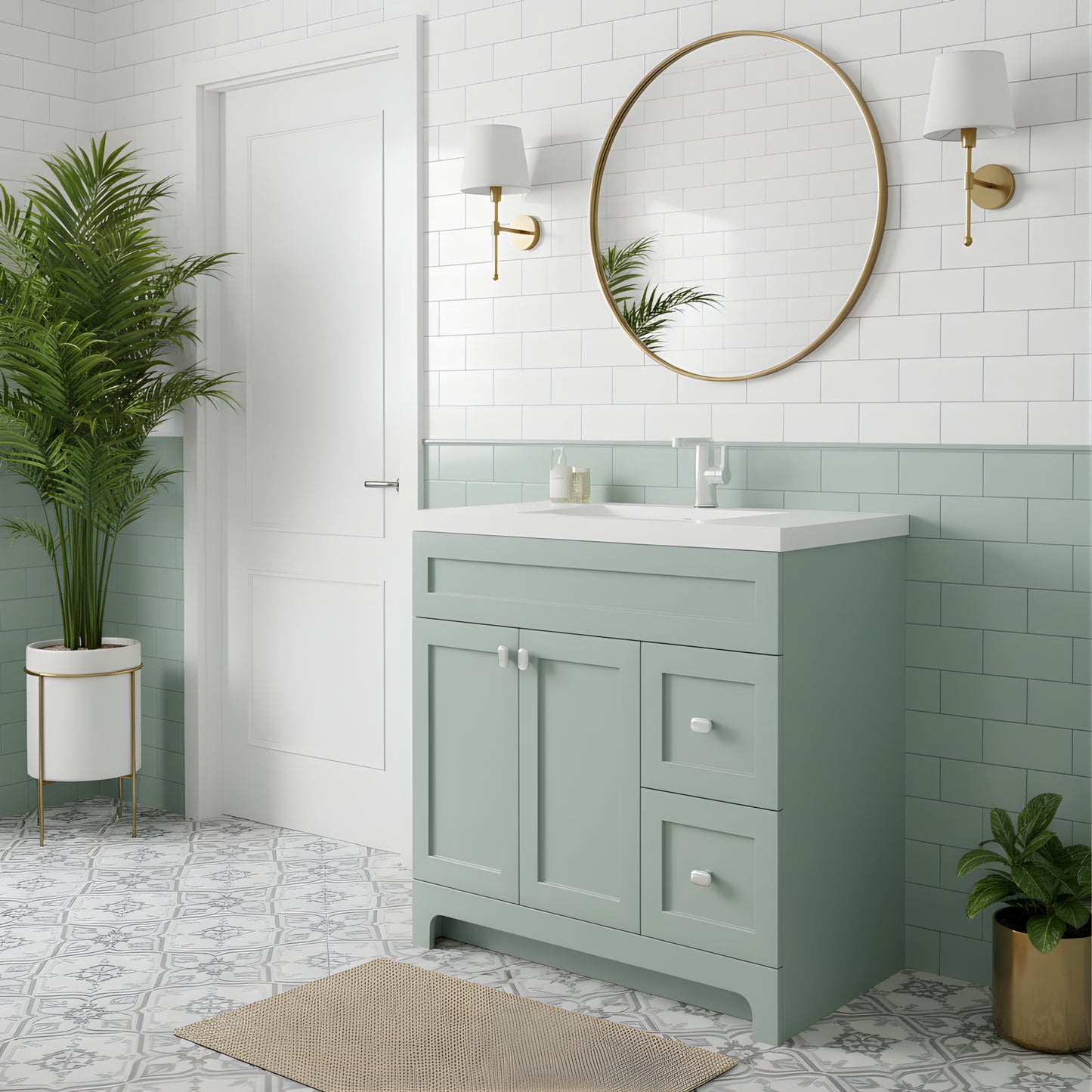 Daisy 36" Freestanding Cultured Marble Top Bathroom Vanity with Modern Shaker Doors - Sage