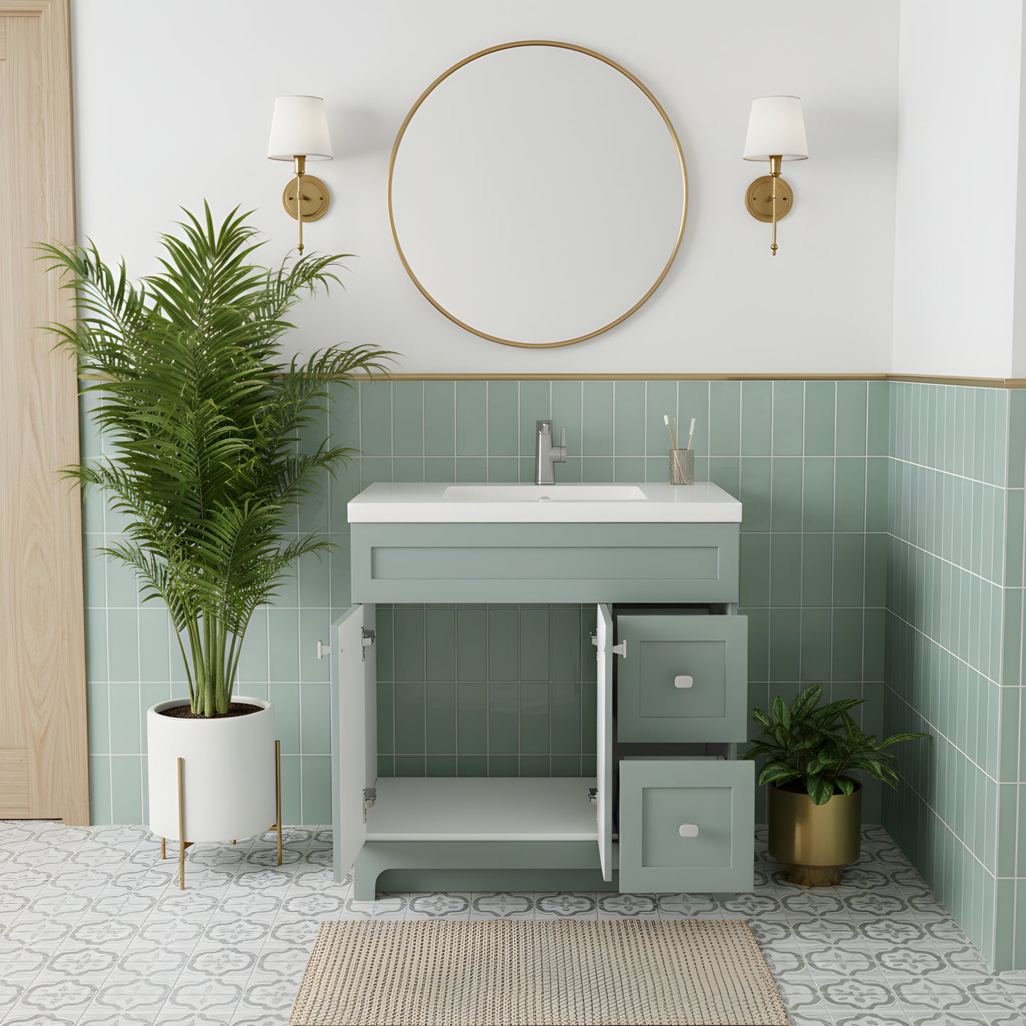 Daisy 36" Freestanding Cultured Marble Top Bathroom Vanity with Modern Shaker Doors - Sage