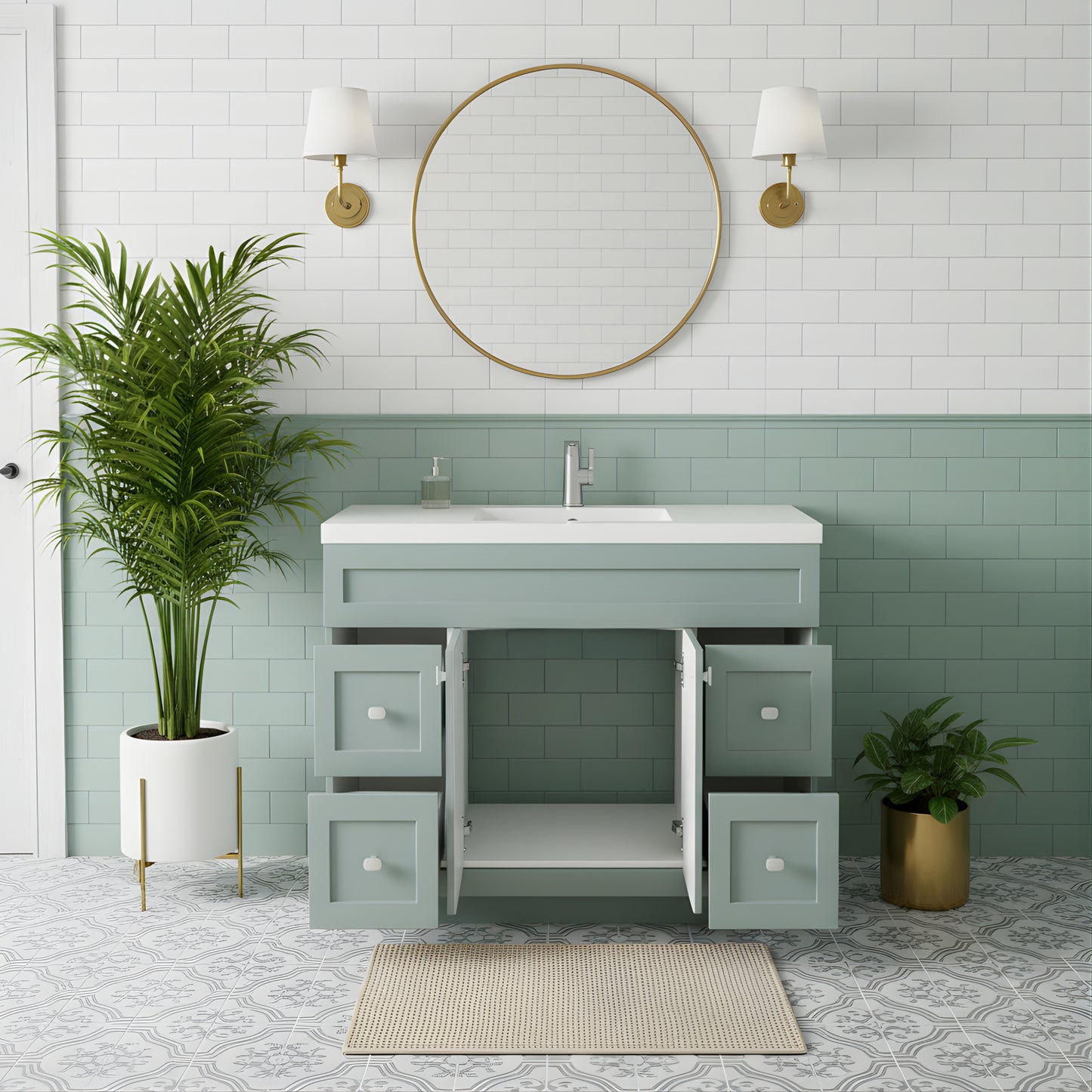 Daisy 48" Freestanding Cultured Marble Top Bathroom Vanity with Modern Shaker Doors - Sage