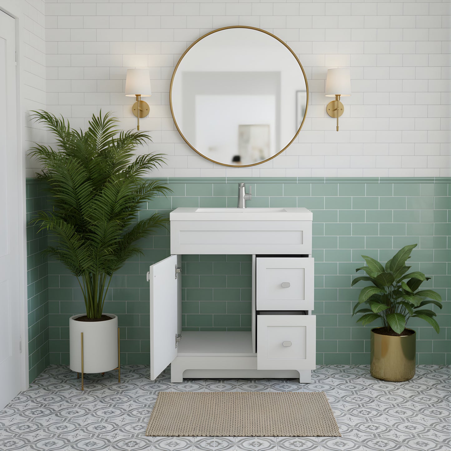 Daisy 30" Freestanding Cultured Marble Top Bathroom Vanity with Modern Shaker Doors - White