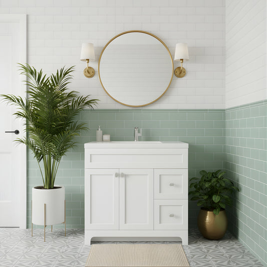 Daisy 36" Freestanding Cultured Marble Top Bathroom Vanity with Modern Shaker Doors - White