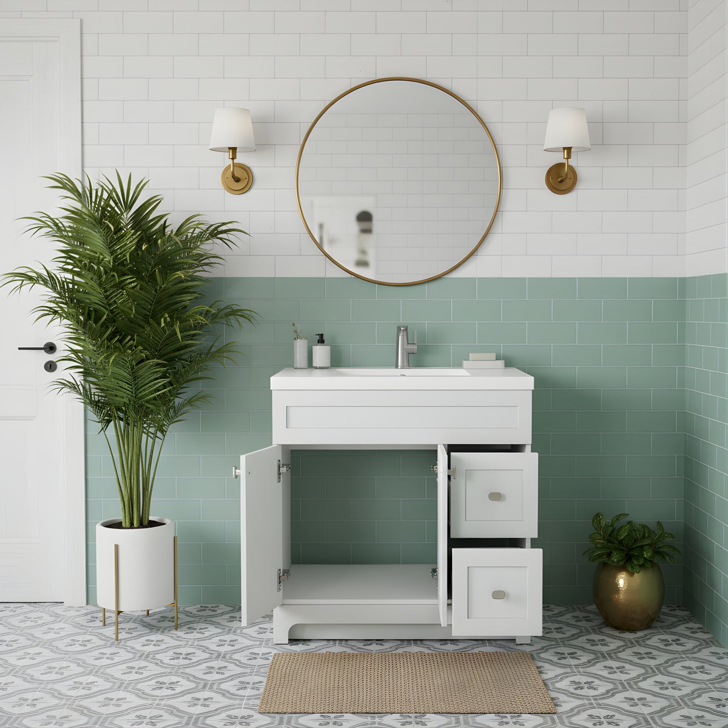 Daisy 36" Freestanding Cultured Marble Top Bathroom Vanity with Modern Shaker Doors - White