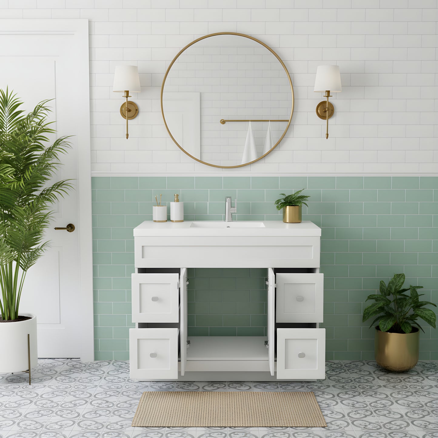 Daisy 48" Freestanding Cultured Marble Top Bathroom Vanity with Modern Shaker Doors - White