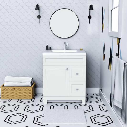 Daisy 30" Freestanding Cultured Marble Top Bathroom Vanity with Modern Shaker Doors - White