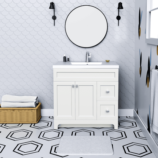 Daisy 36" Freestanding Cultured Marble Top Bathroom Vanity with Modern Shaker Doors - White