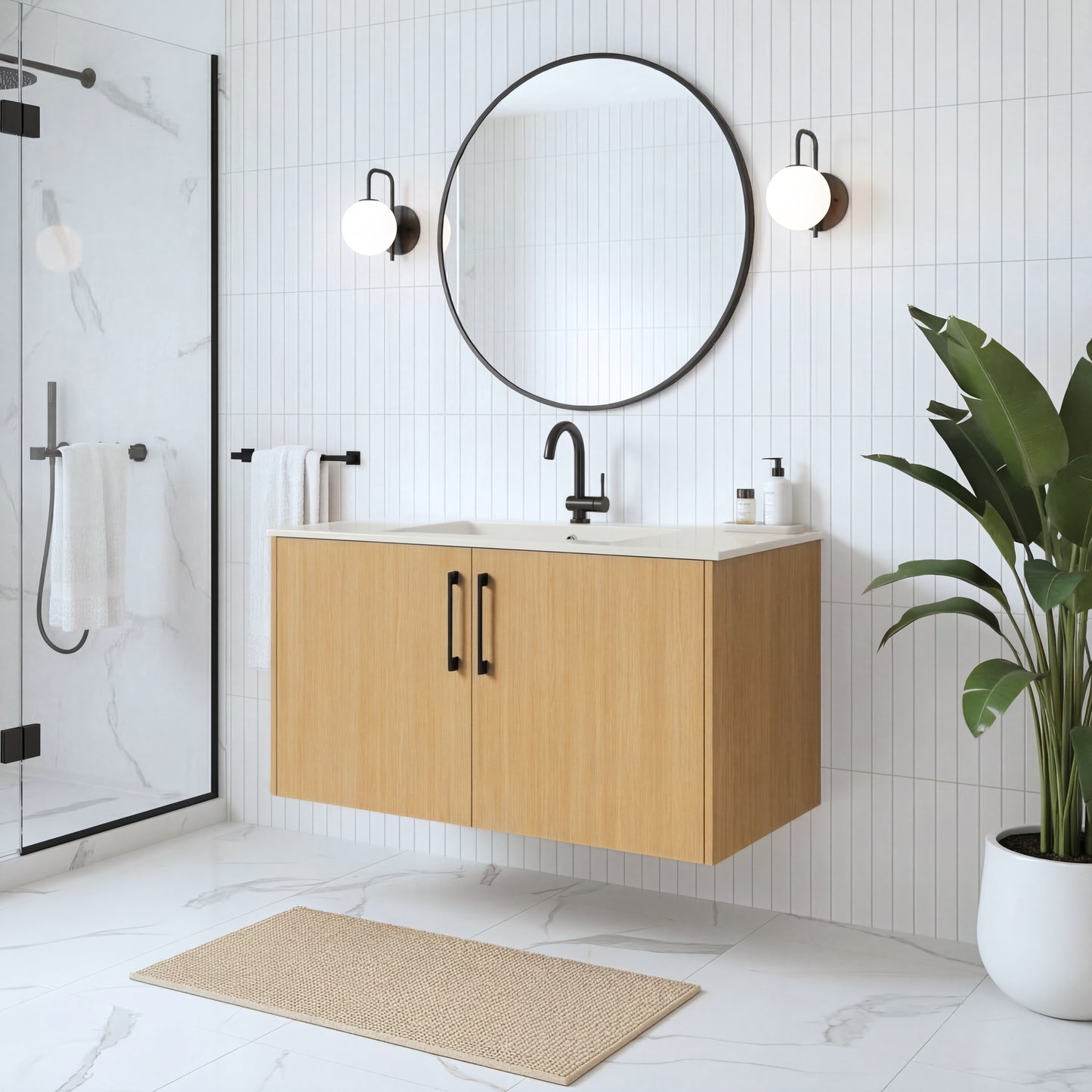 Bekka 36" Wall Mount Single Sink Cultured Marble Top Modern Bathroom Vanity - Natura