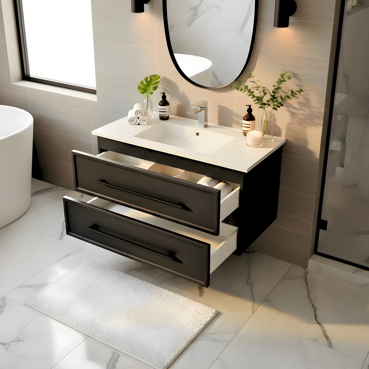 Milano 30" Single Sink Wall Mount Cultured Marble Top Shaker Vanity - Black