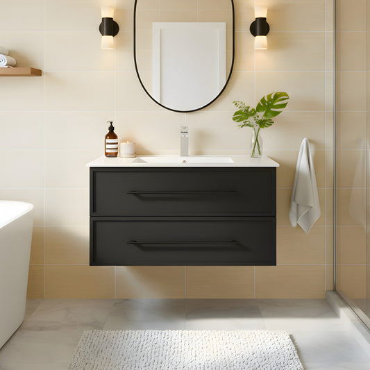 Milano 36" Single Sink Wall Mount Cultured Marble Top Shaker Vanity - Black