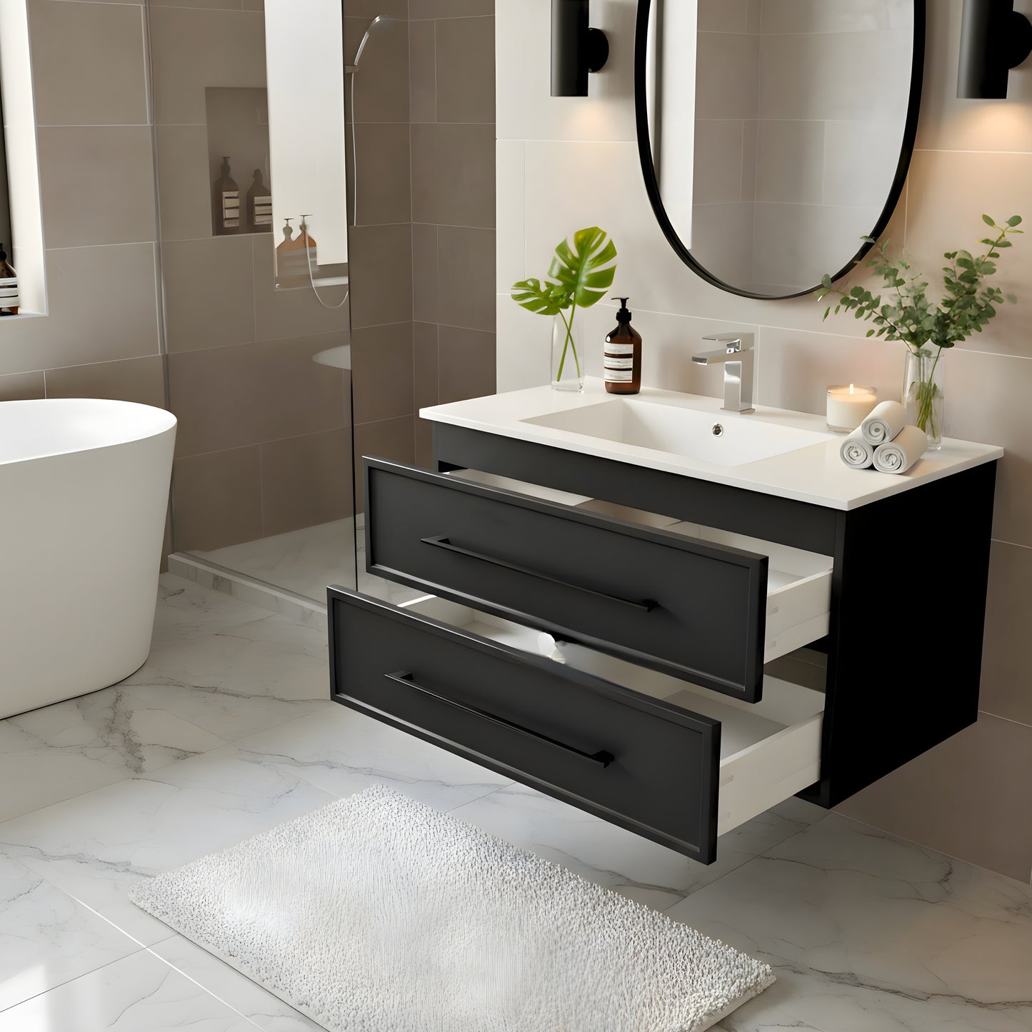 Milano 36" Single Sink Wall Mount Cultured Marble Top Shaker Vanity - Black