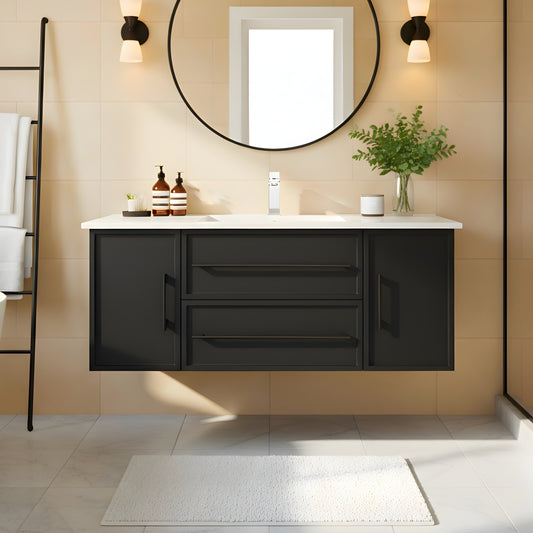 Milano 48" Single Sink Wall Mount Cultured Marble Top Shaker Vanity - Black