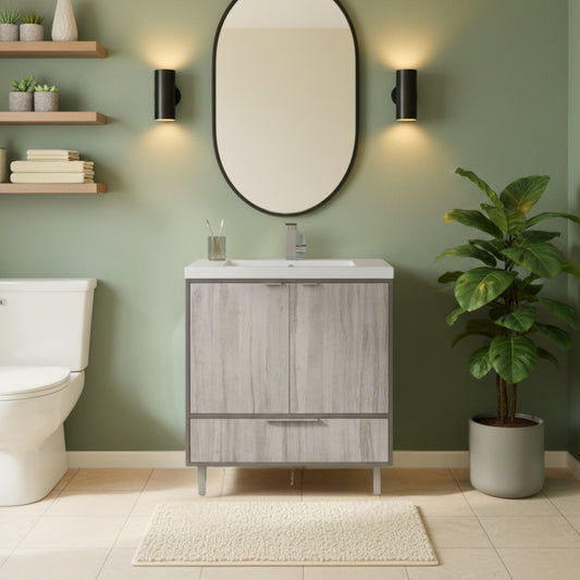 London 30" Single Sink Free Standing Cultured Marble Top Bathroom Vanity - Gray