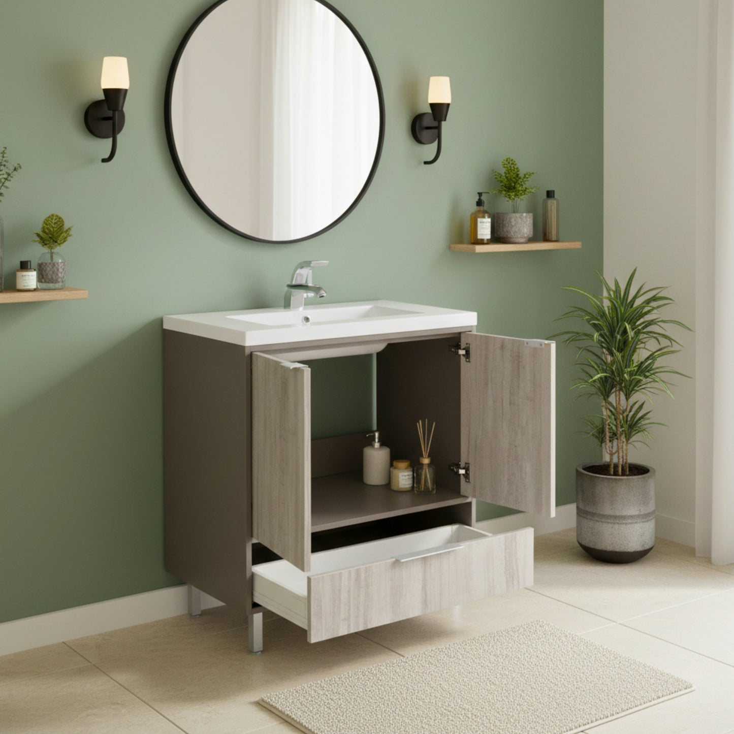 London 36" Single Sink Free Standing Cultured Marble Top Bathroom Vanity - Gray