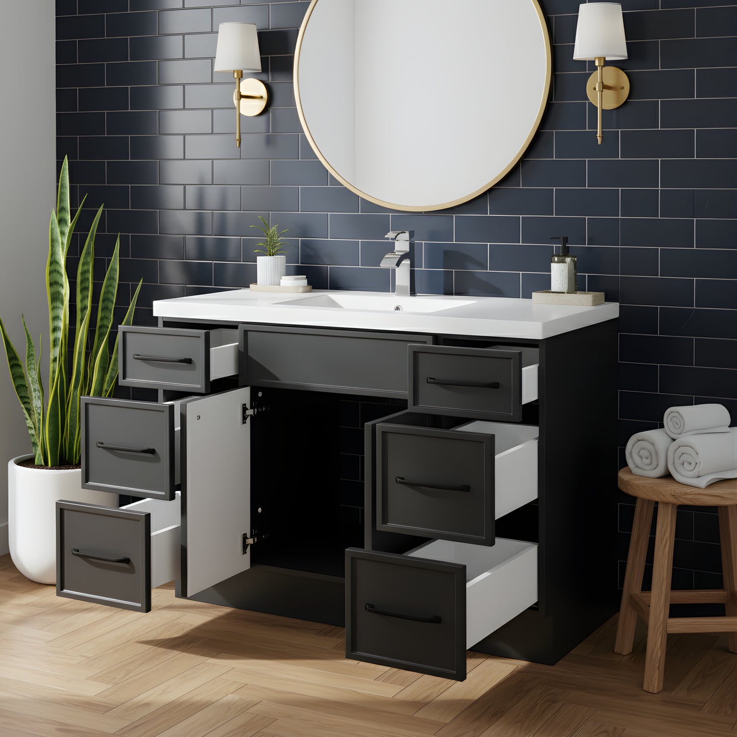 Manhattan 48" Single Sink Free Standing Cultured Marble Top Bathroom Vanity - Black