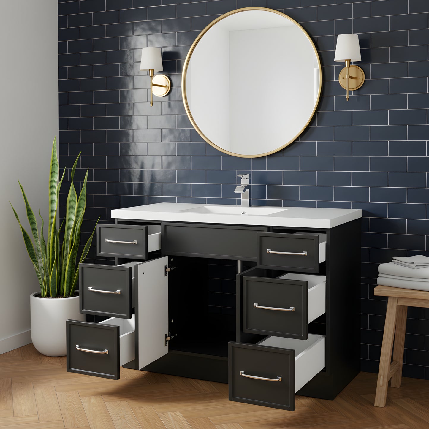Manhattan 48" Single Sink Free Standing Cultured Marble Top Bathroom Vanity - Black