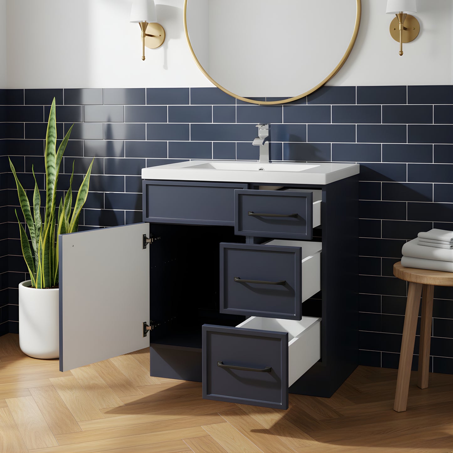 Manhattan 30" Single Sink Free Standing Cultured Marble Top Bathroom Vanity - Blue