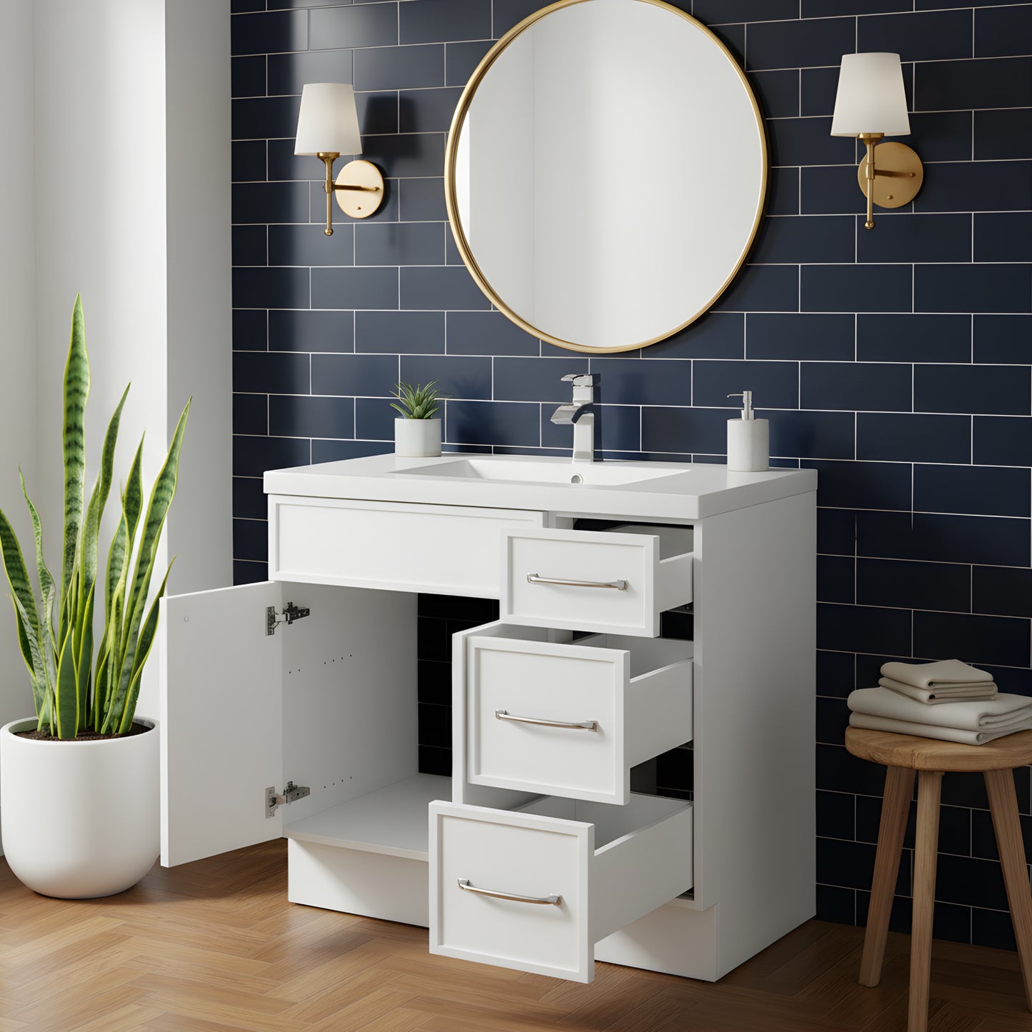 Manhattan 36" Single Sink Free Standing Cultured Marble Top Bathroom Vanity - White